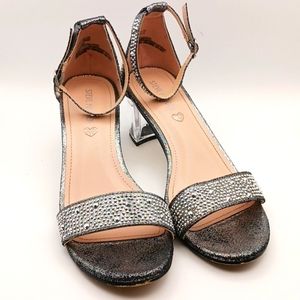 Steve Madden Dark Gray Fabric Silver‎ Embellishments Clear Block Heels 6